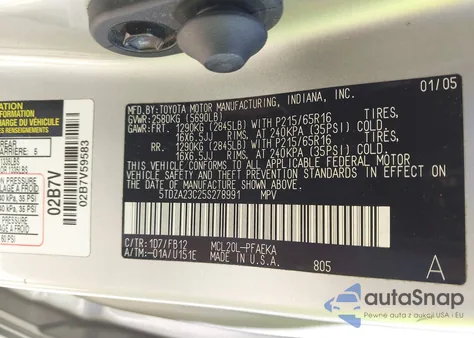 2005 Toyota Sienna Le z USA, uszkodzony, nr VIN 5TDZA23C25S278991